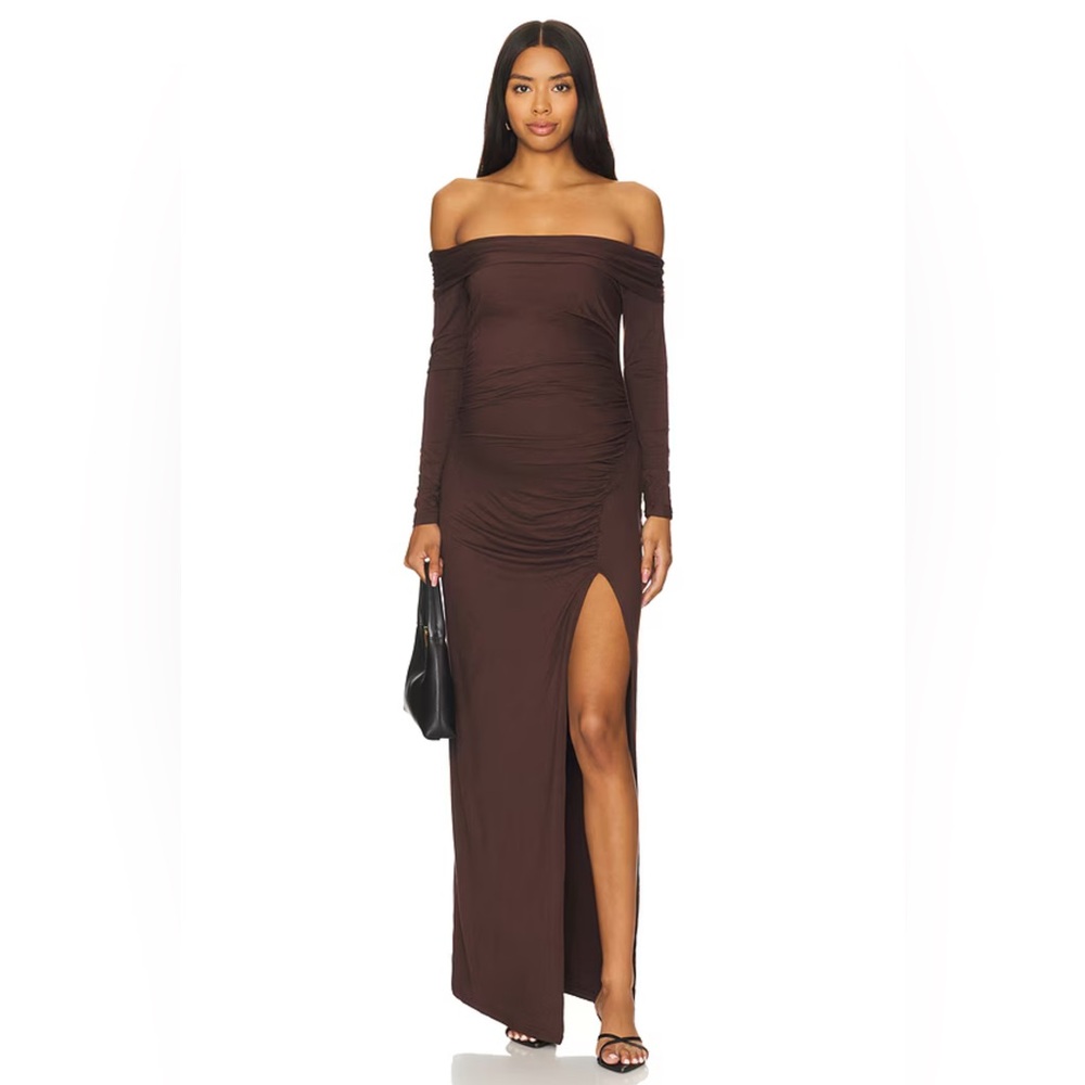 BUMPSUIT | Off The Shoulder Evening Dress in Chocolate - Picture 2 of 7